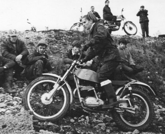GP Originals Scrutineer Jean in action on her trials bike